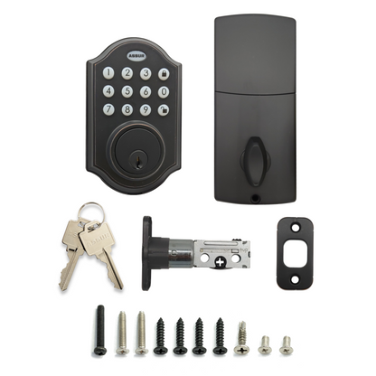 The Electric Smart Door Lock is a bronze-finished lock made of zinc alloy with dimensions of 1358026mm and a weight of 3.84 lbs. It operates on DC6V with 4 AAA batteries and is suitable for doors with a thickness of 35mm-60mm and a center distance of 60mm or 70mm. This smart lock offers two ways to unlock, using a password or a mechanical key.