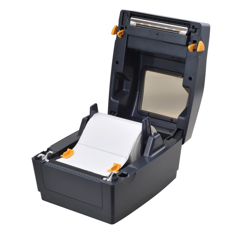 The AXP-DT426B Thermal Label Printer provides up to 4-inch printing width, high-speed printing at 127 mm/s, and a 203 dpi print resolution. It communicates through USB, offers easy paper loading with an adjustable paper guide, automatic paper detection, and ensures precise printing.