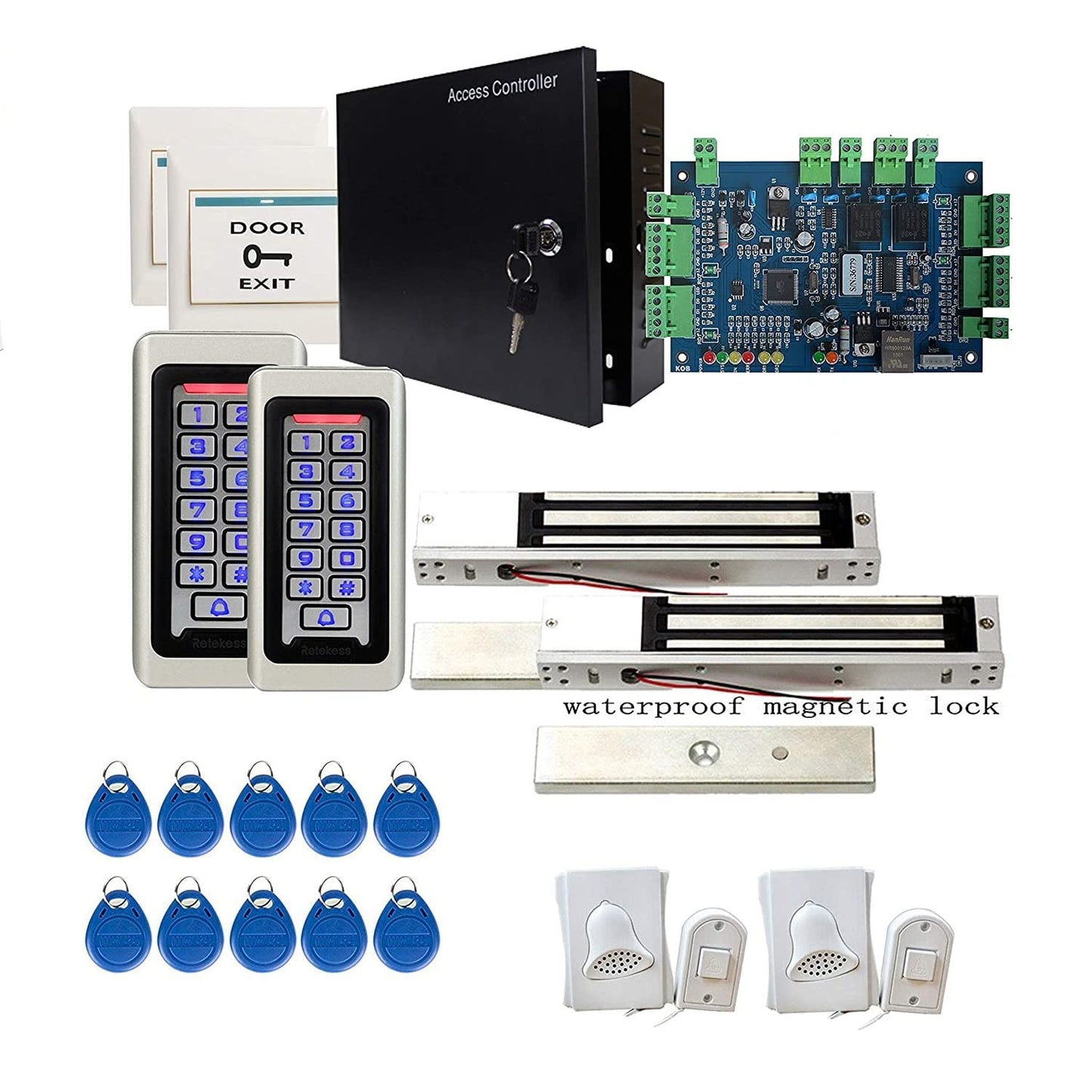 2 Door Access Control System Security Kit Entry Exit TCP/IP Access Control Panel with Waterproof FRID Proximity Reader/Keypad + 600LBS Magnetic Lock + Exit Button+ RFID Keyfobs/Cards + Doorbell