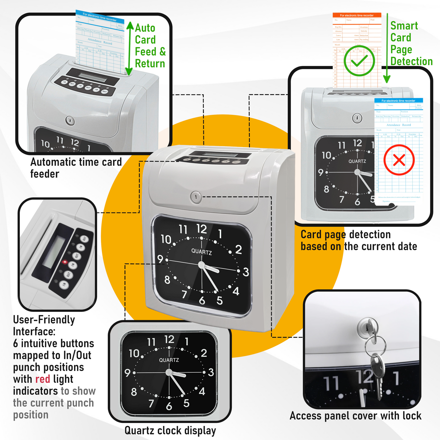 A960 - ASSUR Employee Punch Time Clock Bundle with 100 Punch Cards, 2 Ribbons, 1 Time Card Rack, 2Keys, Punch Tracker for Small Business Office Factory (Analog)