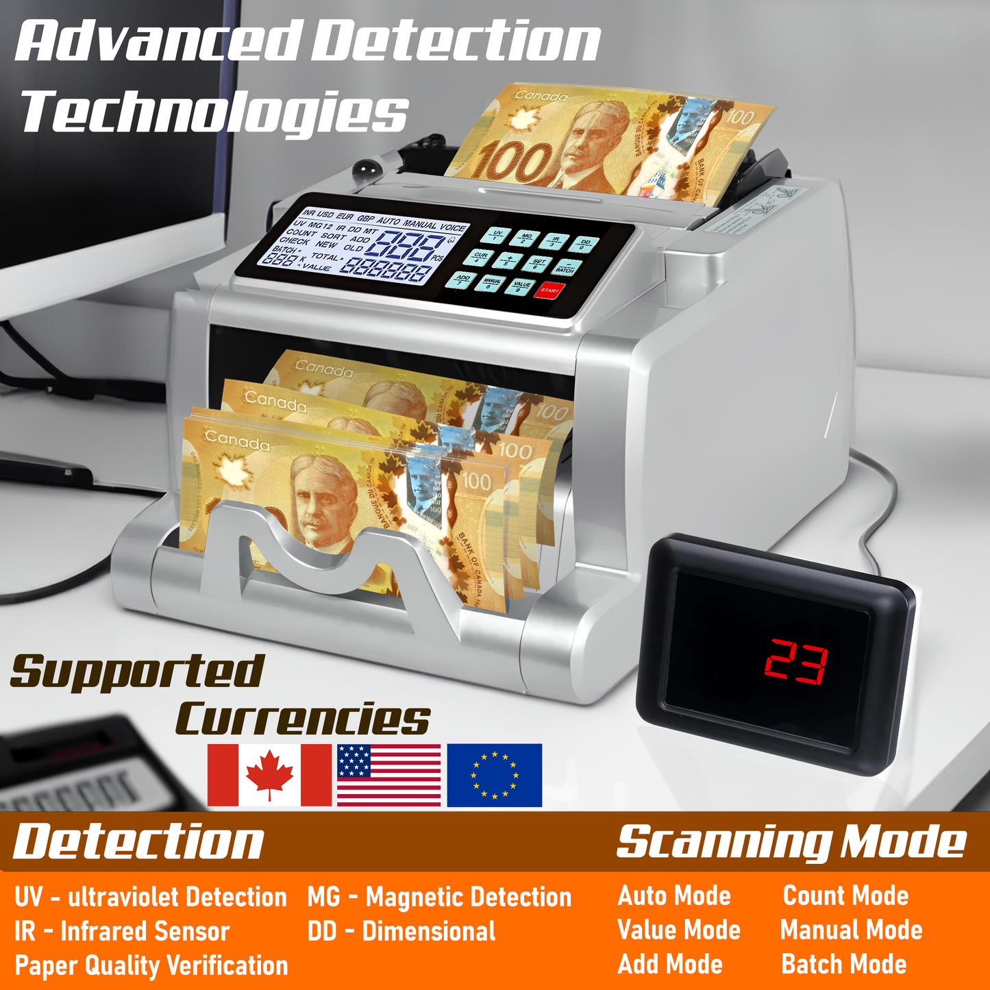 AL-6500 - ASSUR Money Counter Machine Canadian with UV/MG/IR/DD Detection, Bill Counter, Cash Counting Machine 1000 Notes Per Minute, 1 Years Warranty (Silver)