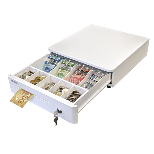 ASSUR A330R Cash Drawer 13” White Compact Cash Register POS Cash Drawer Box, Stainless Steel with Adjustable 4 Bill/5 Coin Tray for Canadian Money Compatible